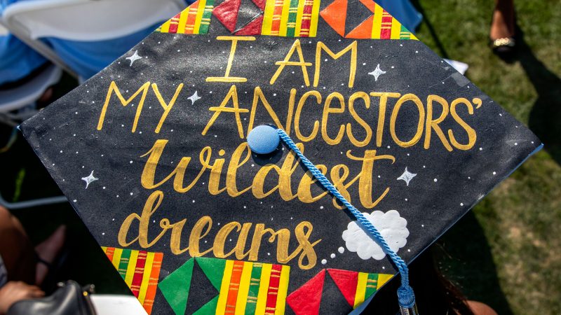 Image showing a graduation cap decorated with African designs and a quote that says I am my Ancestors' wildest dreams